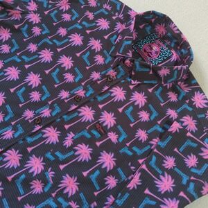 RETRO RIFLE Rising Palm Print Button Up Shirt Mens XL Black Pink Blue